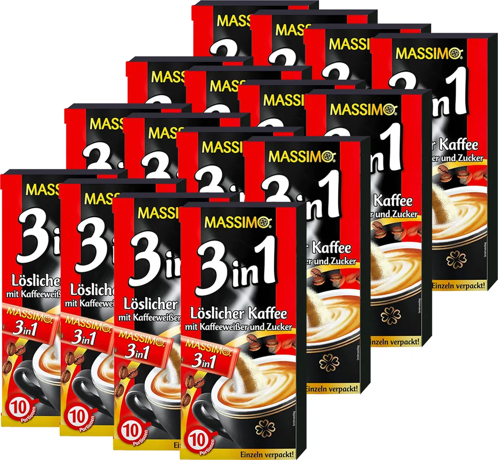 MASSIMO 3in1 Instant Kaffee mit Kaffeeweißer Zucker 16 Schachtel x 10 Sticks à 18g / Vorteilspack