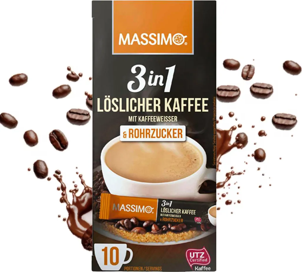 MASSIMO 3in1 Löslicher Kaffee mit Kaffeeweißer & Rohrzucker 170g / 10 Sticks Instantkaffee