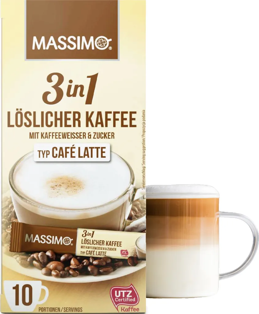MASSIMO 3in1 Löslicher Kaffee Typ Café Latte 16 Schachtel á 10 Stick x 125g / Vorratspackung Instantkaffee