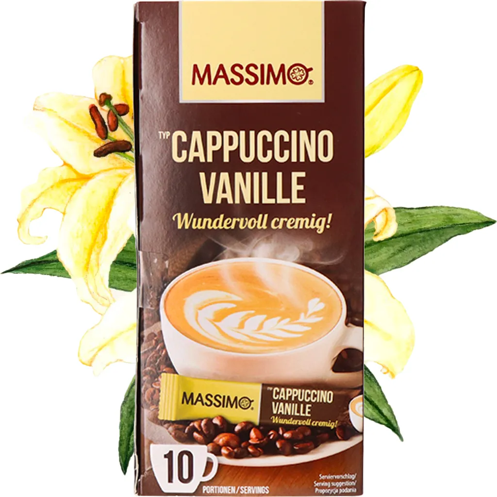 MASSIMO Cappuccino Vanille 125g (10 Sticks á 12,5g) Instantgetränk Pulver mit löslichem Kaffee und Kakaopulver, schnelle Zubereitung