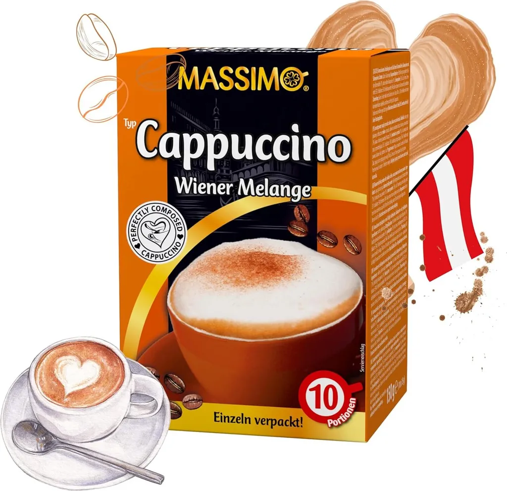 MASSIMO Cappuccino Wiener Melange 80 Sticks Instantkaffee á 15g (8 x 150g Packung) Aromatisiertes Getränkepulver mit löslichem Bohnenkaffe