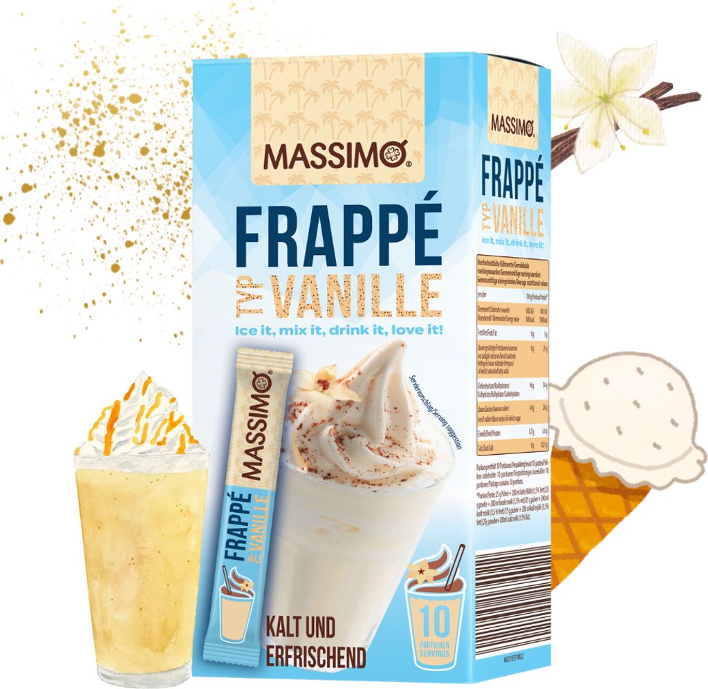 MASSIMO Frappé Vanille 16 x 250g Vorteilspack (160 Sticks á 25g) Instant Getränkepulver mit Instant-Kaffee, koffeinhaltig, schnelle Zubereitung