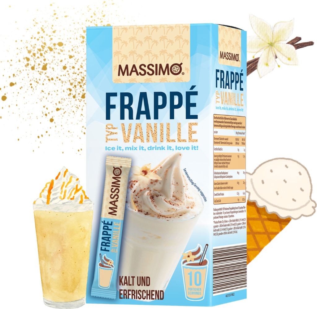 MASSIMO Frappé Vanille 16 x 250g Vorteilspack (160 Sticks á 25g) Instant Getränkepulver mit Instant-Kaffee, koffeinhaltig, schnelle Zubereitung