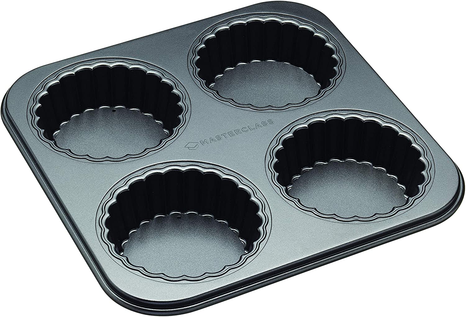 KitchenCraft Master Class Non-Stick 4-Hole Fluted Mini Tart Tray with Loose Base, 26 cm (10 inch)