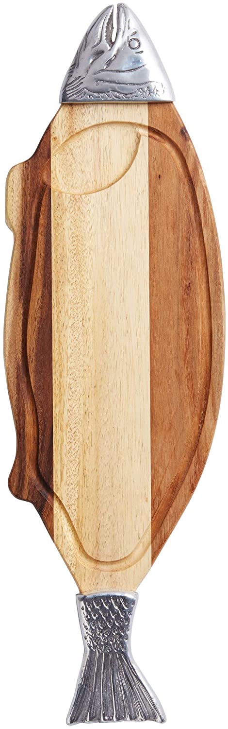 KitchenCraft Master Class Wooden Fish Serving Platter - Acacia Wood with Metal Detailing, 66 x 20 cm (26\" x 8\")