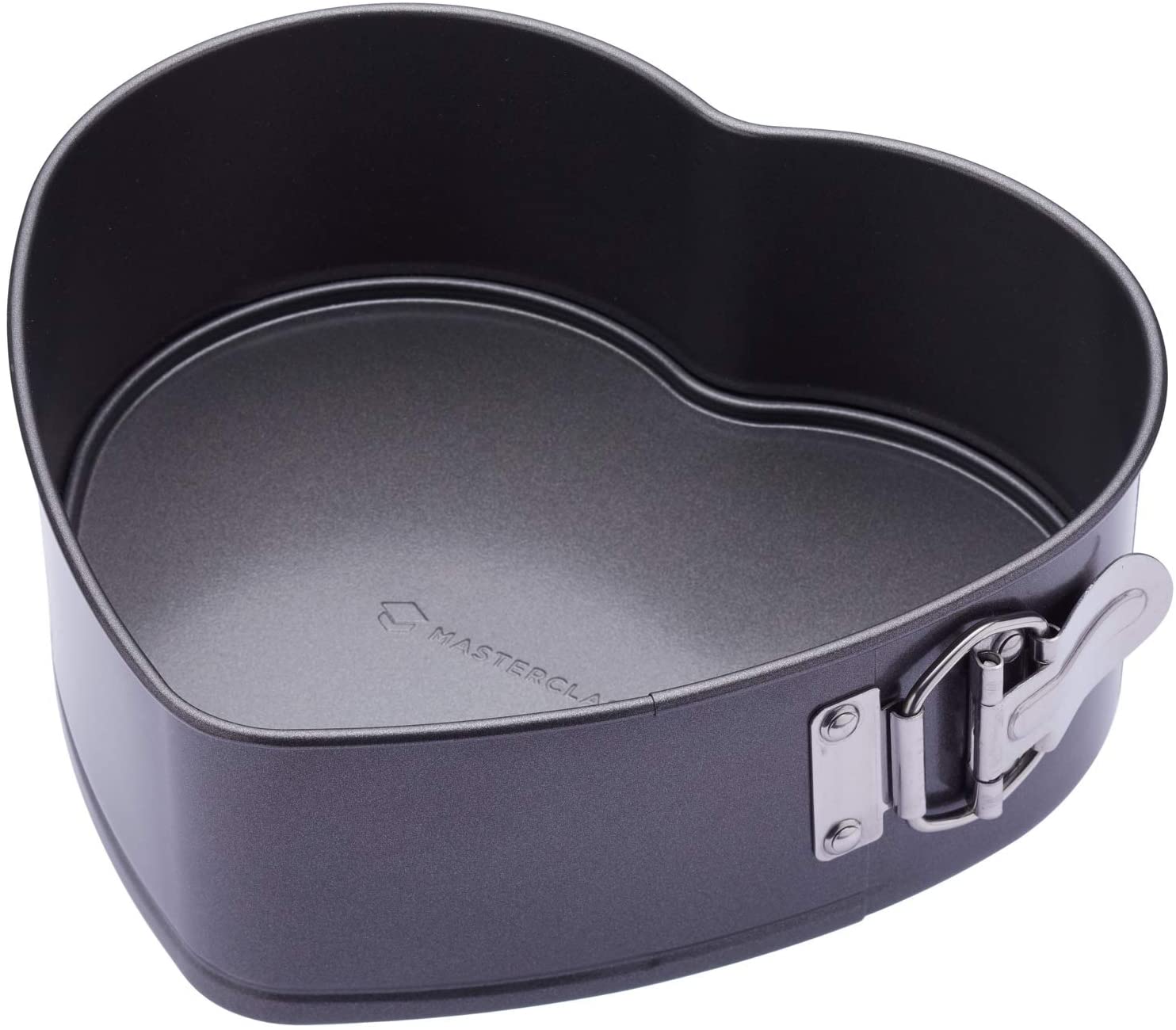 KitchenCraft MasterClass Deep Non-Stick Cake Baking Tin, Heart Shaped Springform Cake Tin Made of Carbon Steel with Cuff, Oven Baking Tin with Loose Base, Grey, Diameter 22.9 cm, 7.5 cm Deep