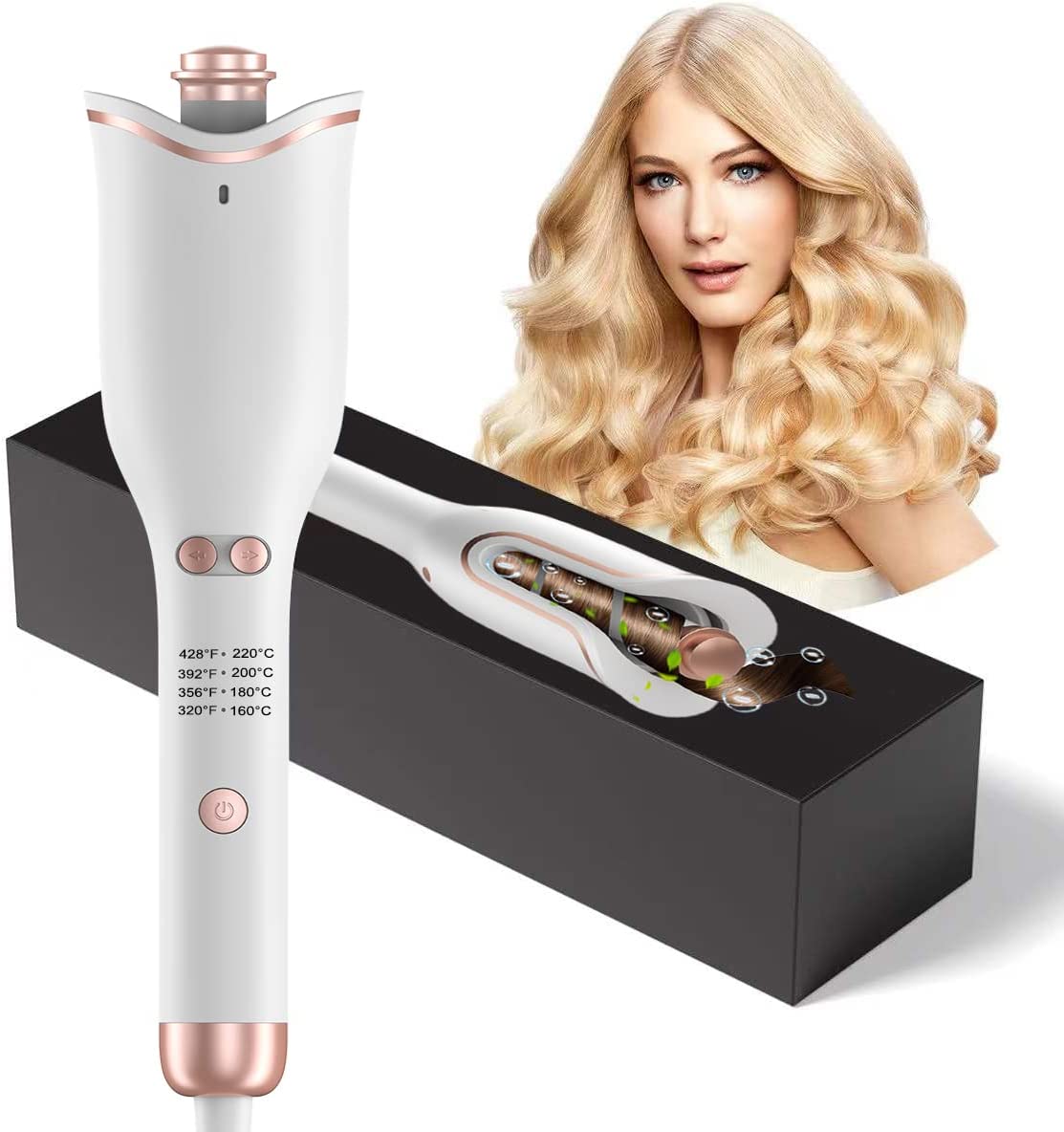 COMEIN Automatic curling iron, large curls, automatic curling iron, 4 temperatures, 15 seconds quick heating, negative ion curling iron for hair with double protection and high-quality gift box
