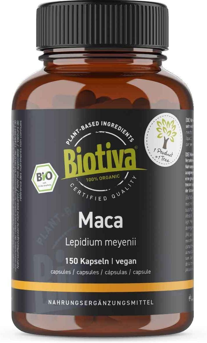 Biotiva Maca Organic - 150 Capsules with 500 mg Each - Lepidium Meyenii - Maca Powder - No Additives - Bottled and Controlled in Germany (DE-ÖKO-005) - Vegan - Direct from the Manufacturer