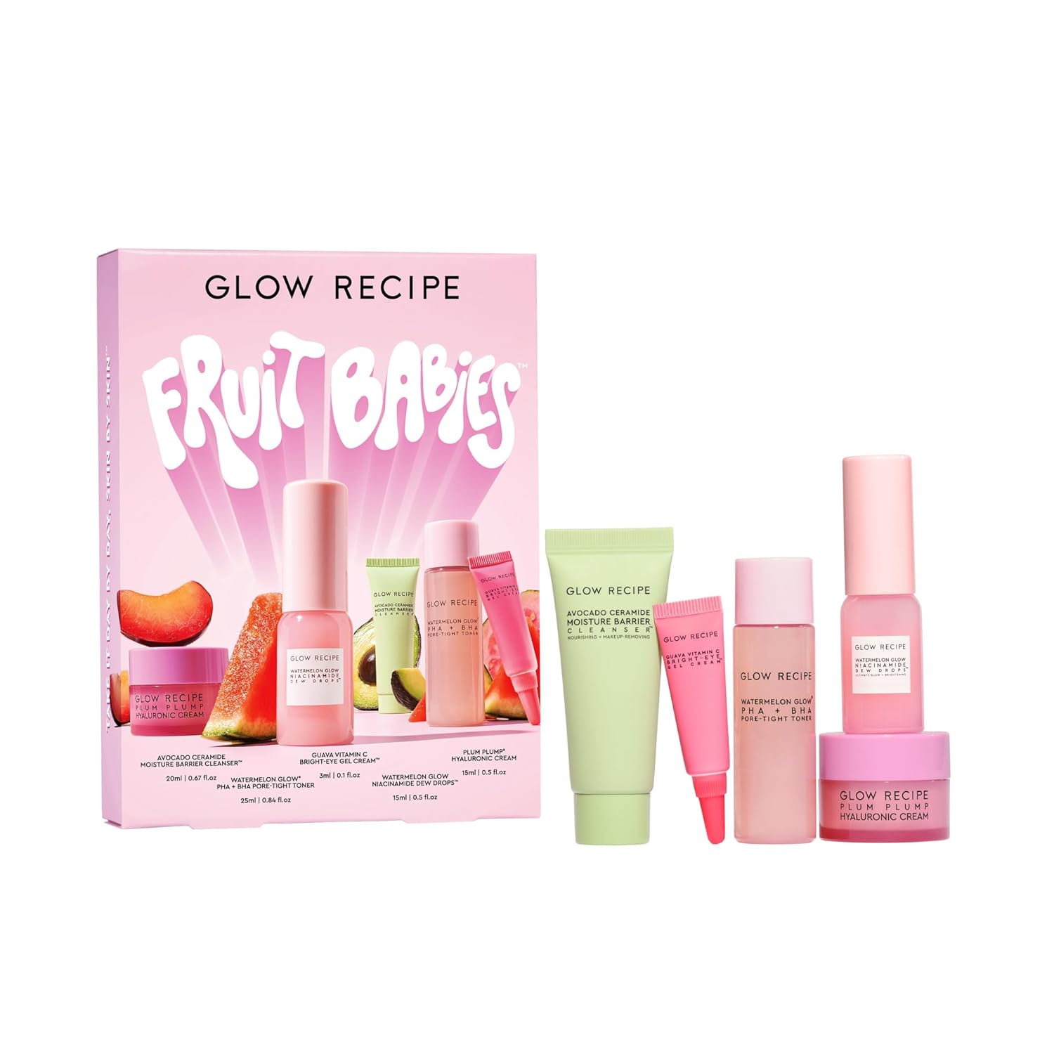 Glow Recipe Fruit Babies Skincare Kit Gift Set with Ceramide Facial Cleanser, BHA Toner, Vitamin C Eye Cream, Hyaluronic Acid Cream and Niacinamide Dipping Drops (Pack of 5)