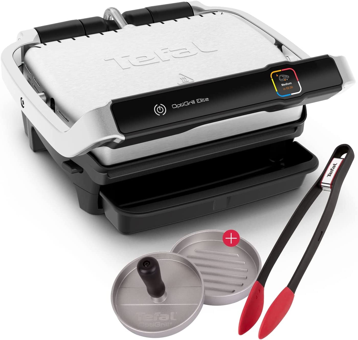 Tefal Optigrill Elite Contact Grill with Grill Boost Function 2000 W + Hamburger Press + Ingenio Barbecue Tongs | Indoor Electric Grill | 12 Automatic Programmes | Intuitive Sensor | Touch Display | Boost