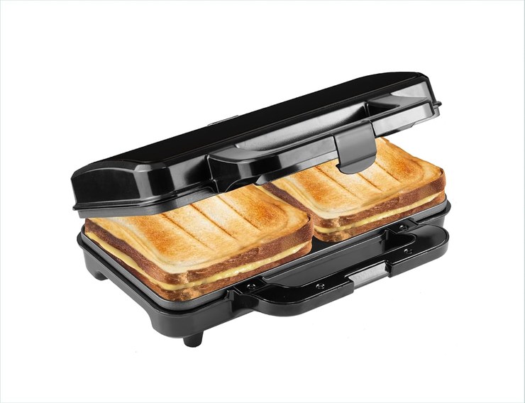 Bestron XL Sandwich Maker, Non-Stick Sandwich Toaster for 2 Sandwiches, Includes Automatic Temperature Control and Readiness Indicator, 900 Watt, Colour: Black/Copper