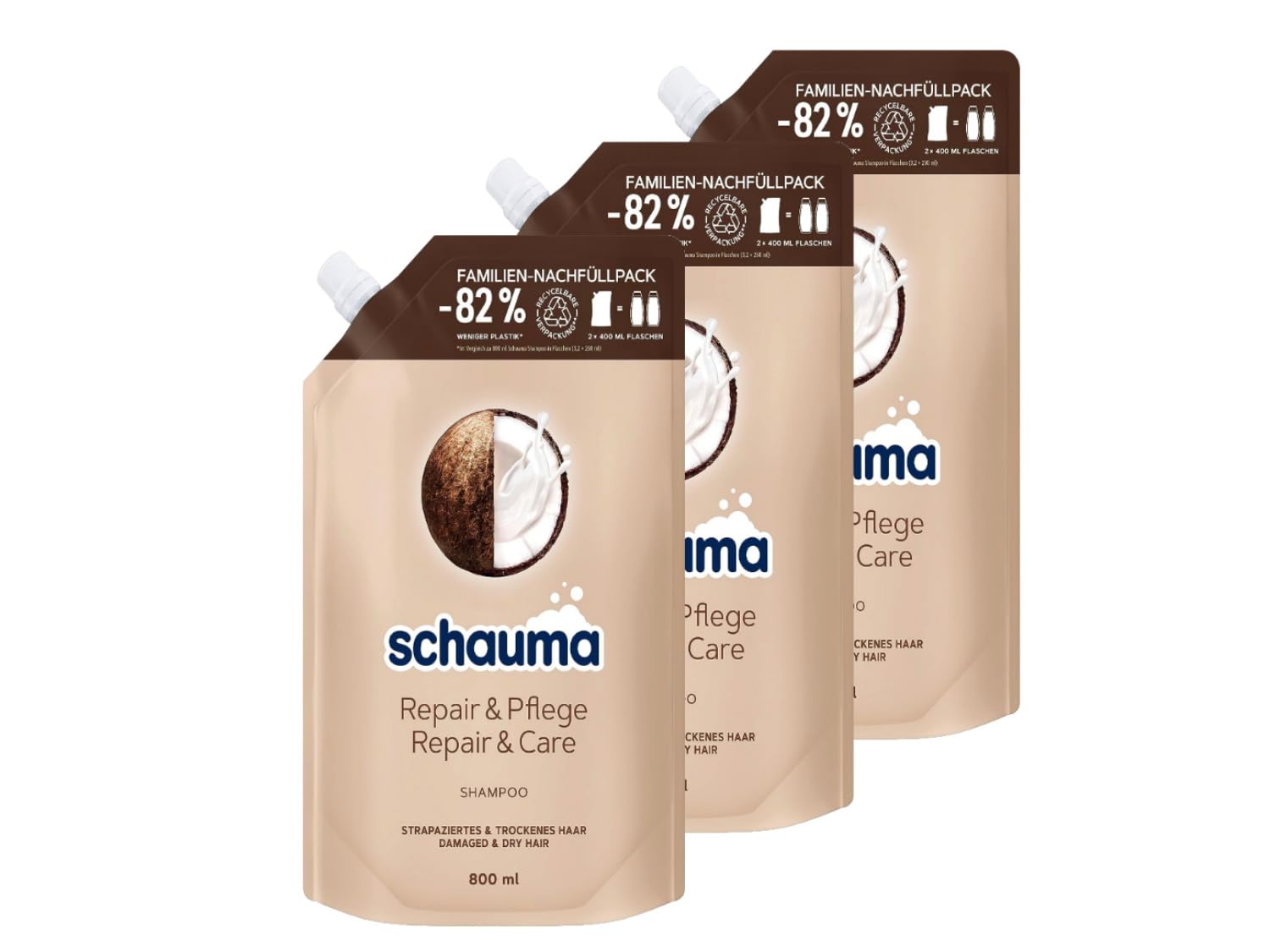 Schauma Shampoo Repair & Care Refill Pack (800 ml), Hair Shampoo Repairs Hair and Provides Softness, Repair Shampoo for Damaged & Dry Hair, 3 x 800 ml