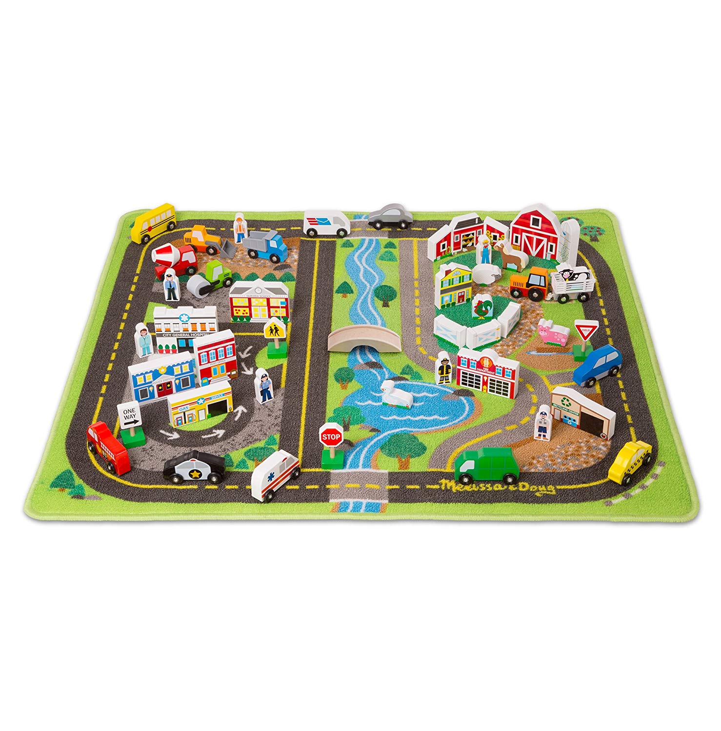 Melissa & Doug Deluxe Play Mat - Toy Set With Roads, Vehicles And Toy Parts
