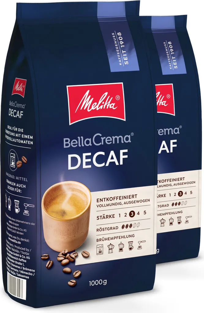Melitta BellaCrema Decaf whole coffee beans, for fully automatic coffee machines, in a set