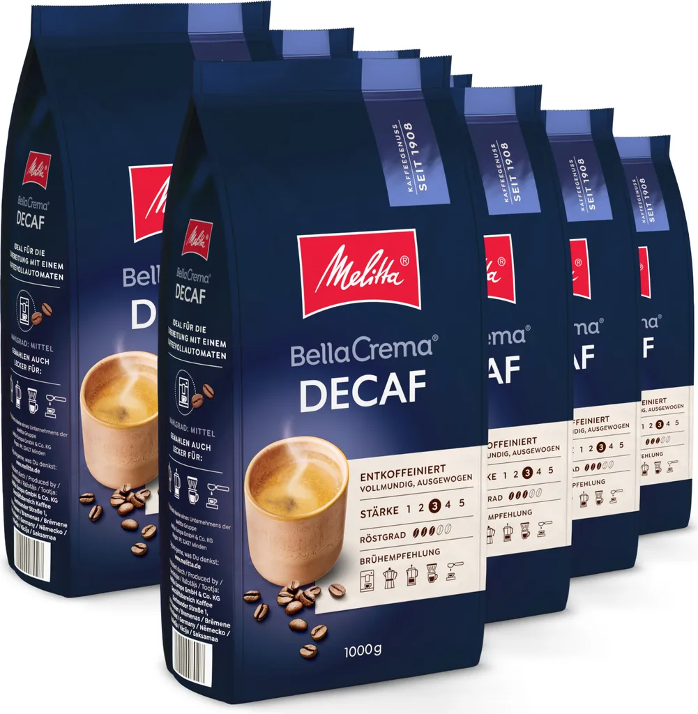 Melitta BellaCrema Decaf whole coffee beans, for fully automatic coffee machines, in a set