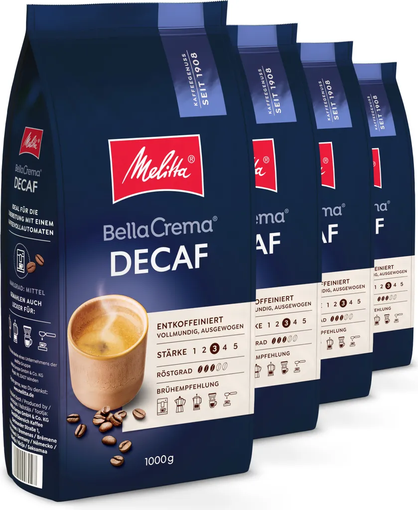 Melitta BellaCrema Decaf whole coffee beans, for fully automatic coffee machines, in a set