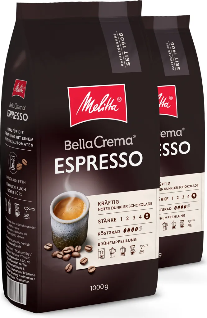 Melitta BellaCrema Espresso coffee beans, for fully automatic coffee machines, in a set