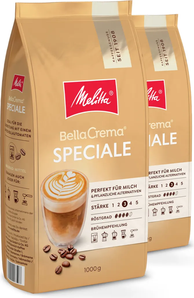Melitta BellaCrema Speciale coffee beans, unground, for fully automatic coffee machines, in a set