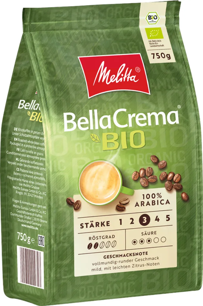 MELITTA Whole Coffee Beans BellaCrema Organic Quality 750g Soft Balanced Body