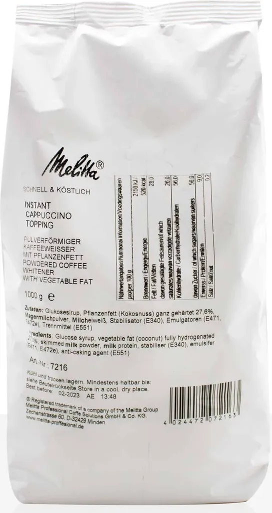 Melitta Instant Cappuccino Topping Milchpulver 1kg, für Automaten
