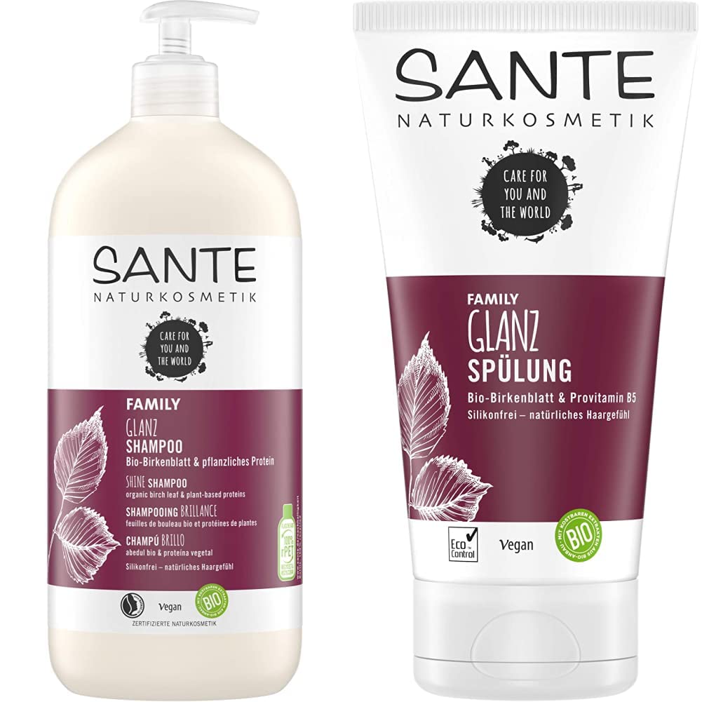 Sante Naturkosmetik Shine Shampoo Organic Birch Leaf & Vegetable Protein & Shine Conditioner Organic Birch Leaf & Provitamin B5 for Soft Hair, Natural Conditioner for Silky Shine & Fullness, 150 ml