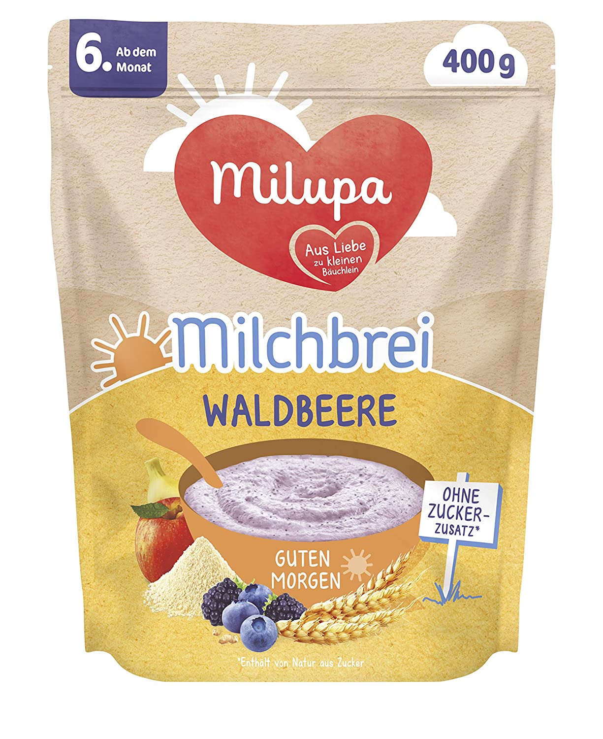 Milupa Milchbrei Waldbeere Guten Morgen ab dem 6. Monat, 4er Pack (4 x 400 g) 154152