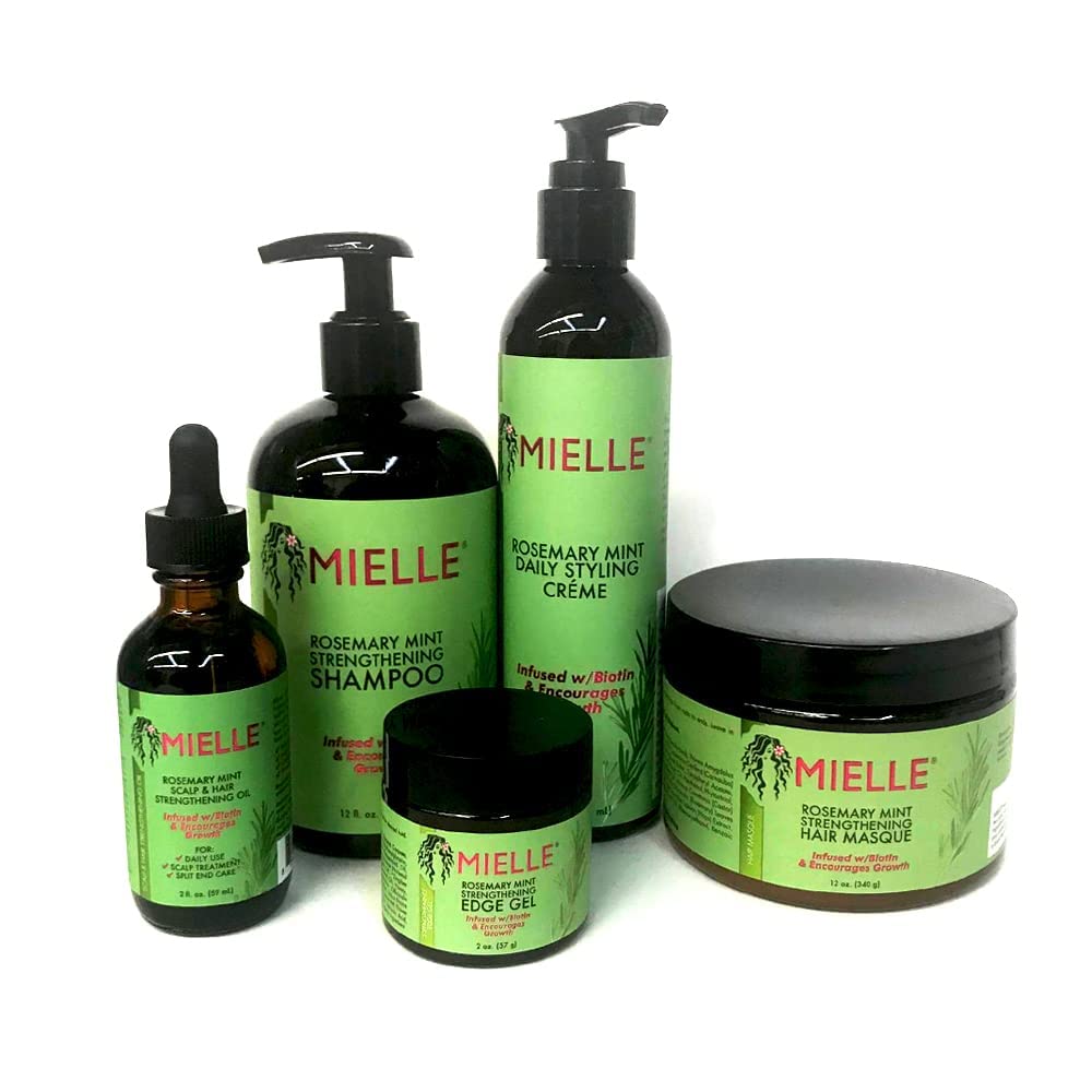 MIELLE Rosemary Mint Organics Infused with Biotin and Encourages Growth Hair Products for Stronger and Healthier Hair and Styling Bundle Set 5 Pieces