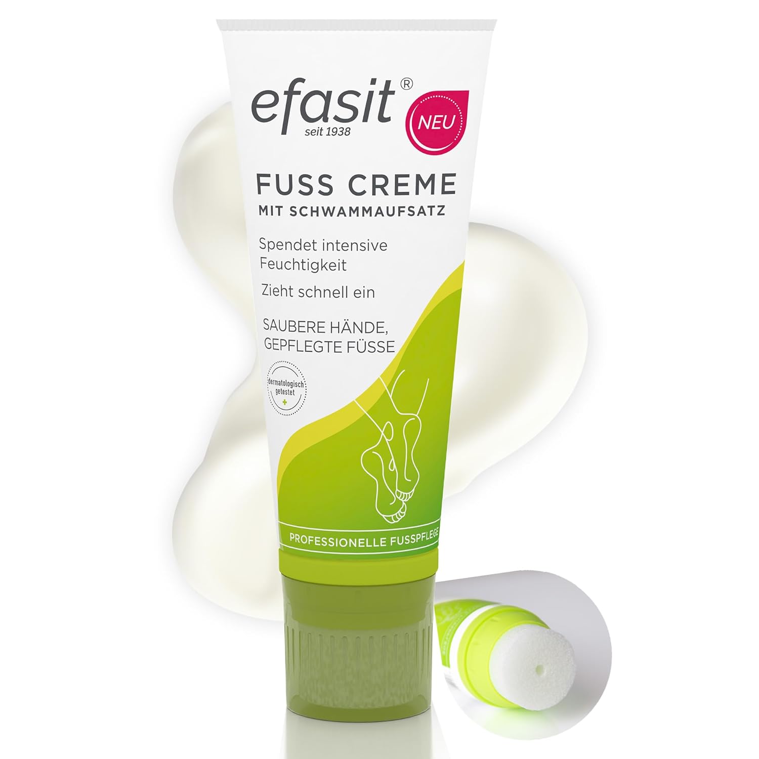 efasit Foot Cream with Sponge Attachment, Foot Cream for Dry Feet with Applicator, Application Without Sticky Hands Thanks to Cream Sponge, Absorbs Quickly, Urea Foot Cream as Ideal Foot Care, 75 ml