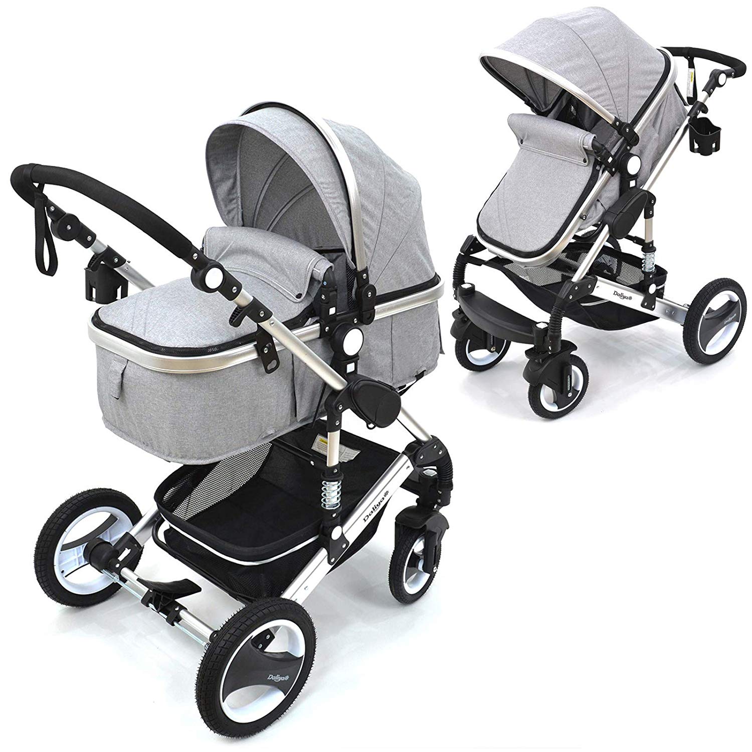 Combi pram 2-in-1 Bambimo with aluminium frame in many different colours – click system – all 4 wheels to remove – with extra large shopping basket – 2 in 1 sports seat – baby bath space saving xl