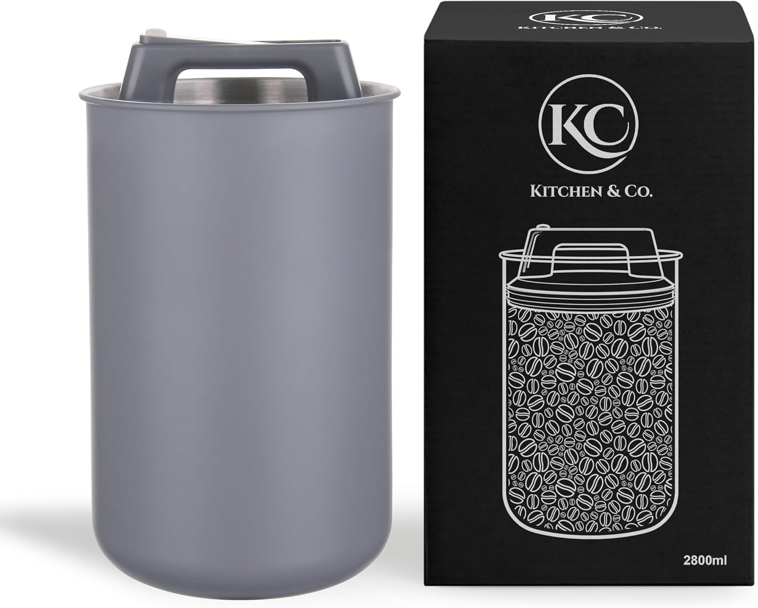 Airtight Coffee Canister for 1 kg Coffee Beans with Vacuum Lid (Container for Coffee, Tea, Stainless Steel Container for Storage with Aroma Closure, Storage Jar for 1000 g Coffee) Gray (2800 ml)