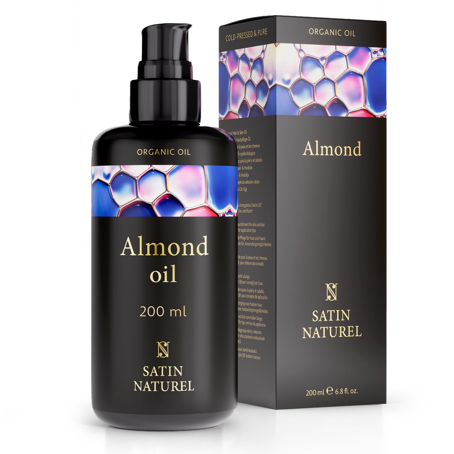 Almond Oil BIO Cold Pressed, Body Oil, 200ml, Vegan, Light Protection Glass Bottle, Almond Oil Organic for Cosmetics & Organic Massage Oil for the Whole Body, Satin Naturel, Almond Oil Made in Germany