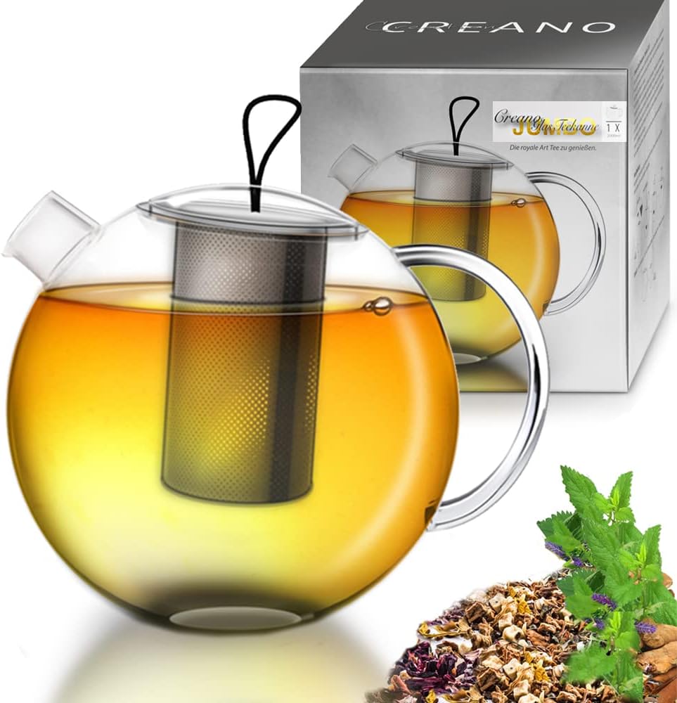 Creano XXL Jumbo Glass Teapot, 3-Piece Glass Teapot Set with Integrated Stainless Steel Strainer and Glass Lid, Multifunctional Design Glass Teapot, All-in-One, 2.0 L