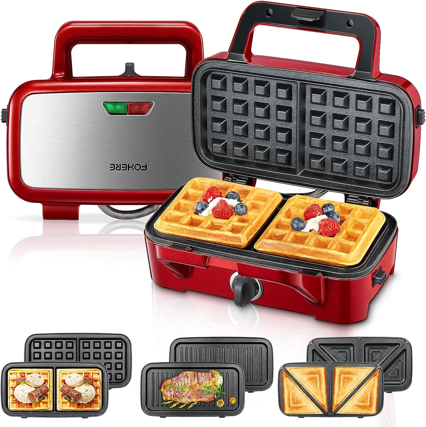 Sandwich Maker 3-in-1, 1200 W Waffle Iron/Contact Grill/Sandwich Toaster, 5-Speed Temperature Control, Non-Stick Coating Plate Sets, Heat-Insulated Handle, Dishwasher Safe, LED Lights, Red