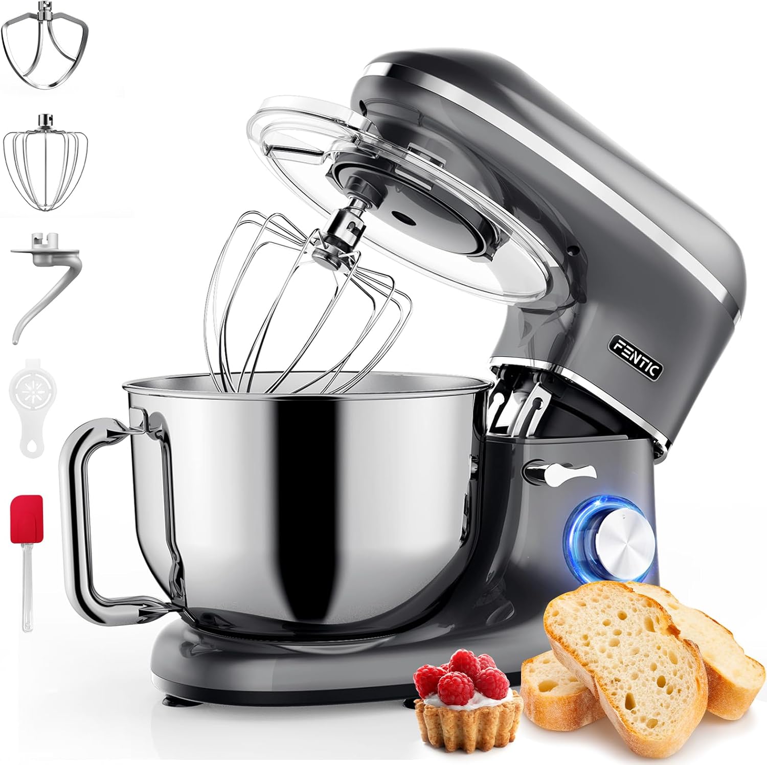 Food Processor - 2000 W - Stainless Steel Mixing Bowl (6.2 L) - Kneading Machine with Mixing Hook, Dough Hook, Beater and Splash Guard - Includes Additional Accessories - Anthracite