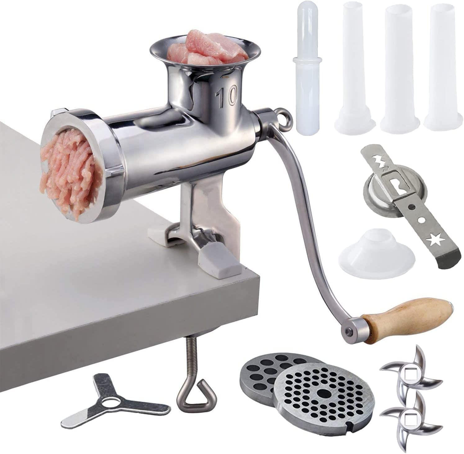 CAM2 304 Stainless Steel Manual Clip On Meat Mincer Grinder Heavy Duty with 420 Stainless Steel Blade (10#)
