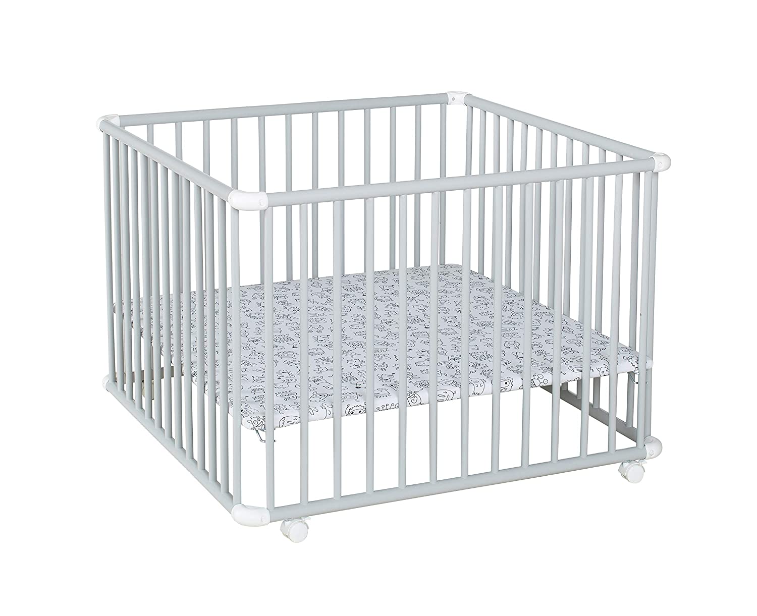 Geuther Belami Plus Playpen - Easy to Disassemble Playpen - TÜV Tested - Made of Natural Wood - Grey - Size: 76 cm x 97 cm