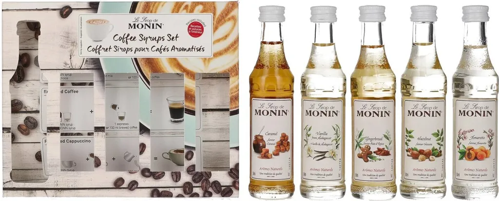 Monin Sirup Set, Dessertsirup, Amaretto, Karamell, Ingwer, Haselnuss, Vanille, 250 ml, Flasche