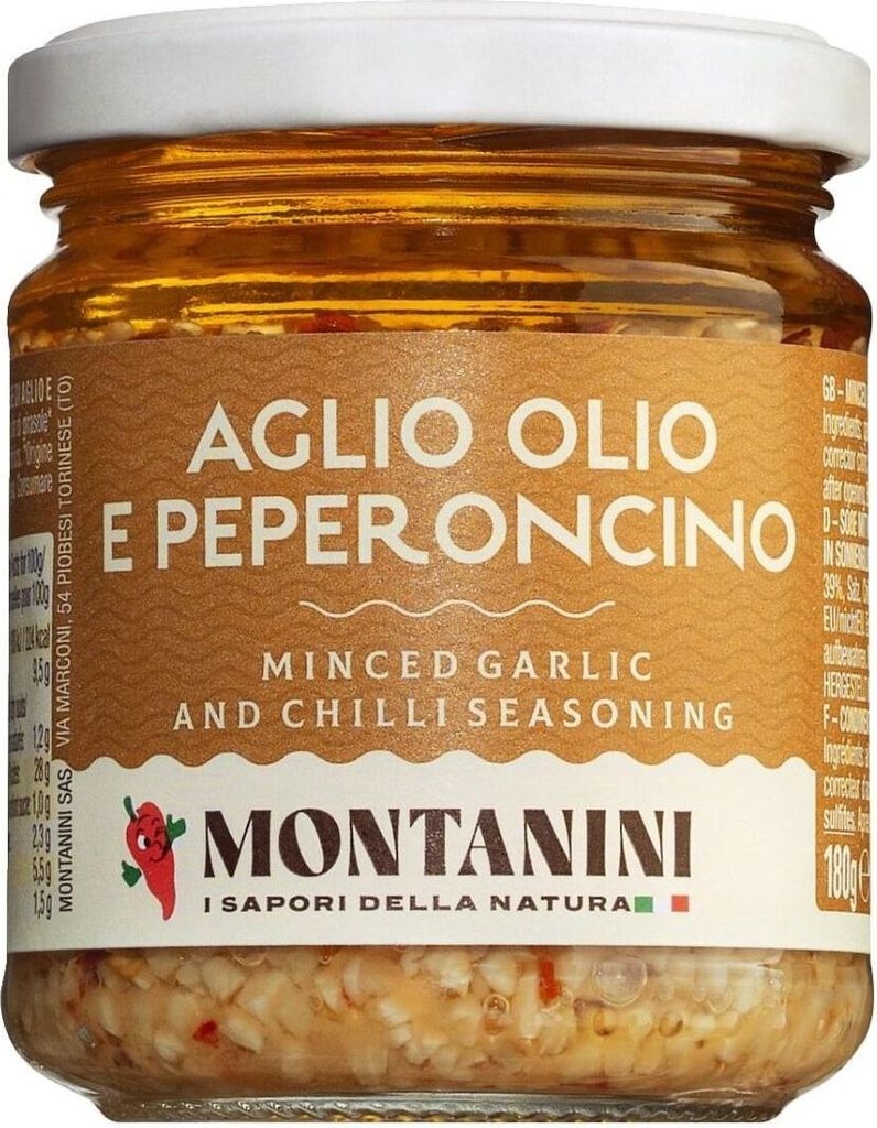 Montanini Aglio, Olio e Peperoncino, chopped garlic with oil and chili, 180 g,