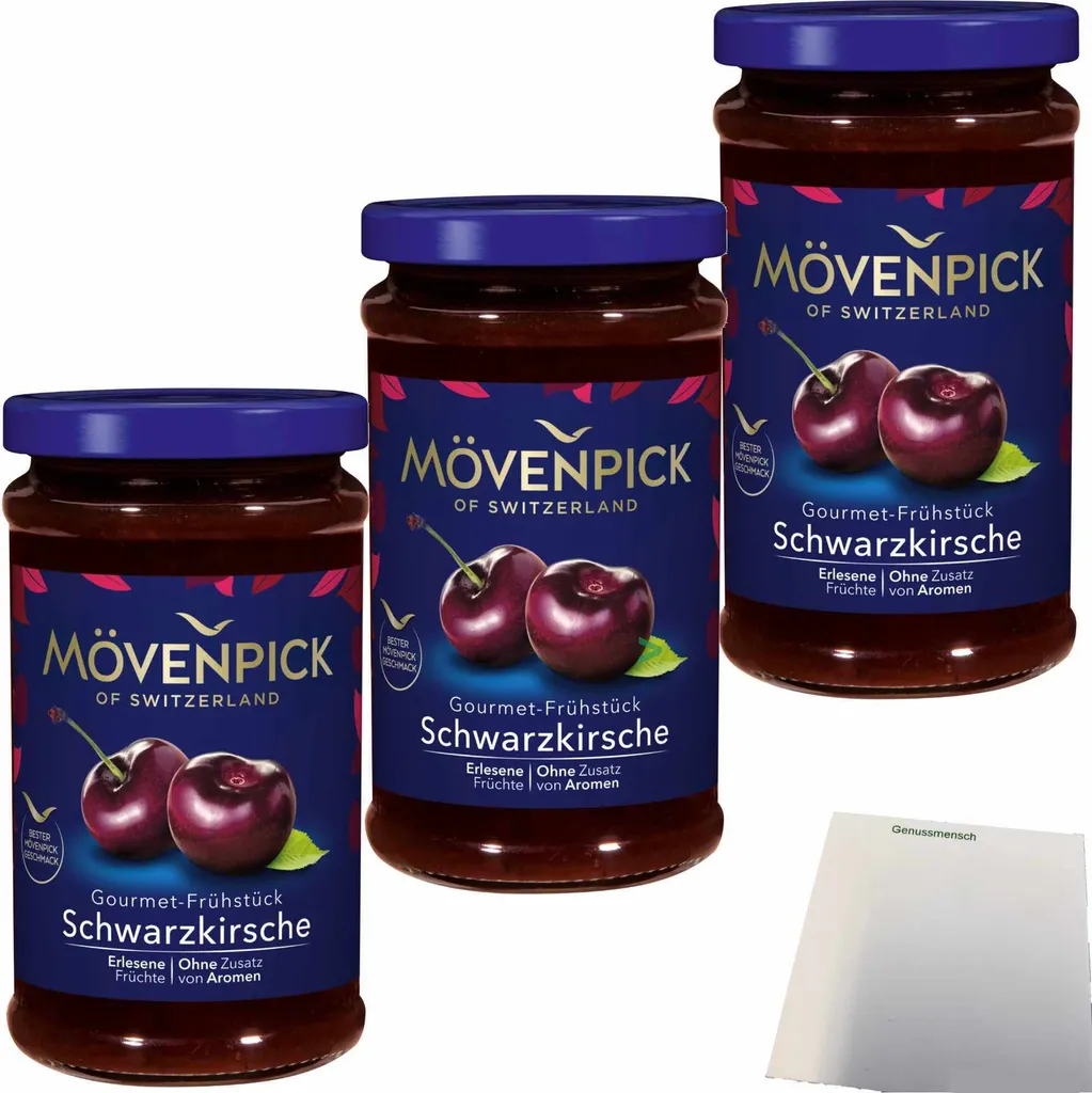 Mövenpick Gourmet-Frühstück Schwarzkirsche Fruchtaufstrich 3er Pack (3x250g Glas) + usy Block