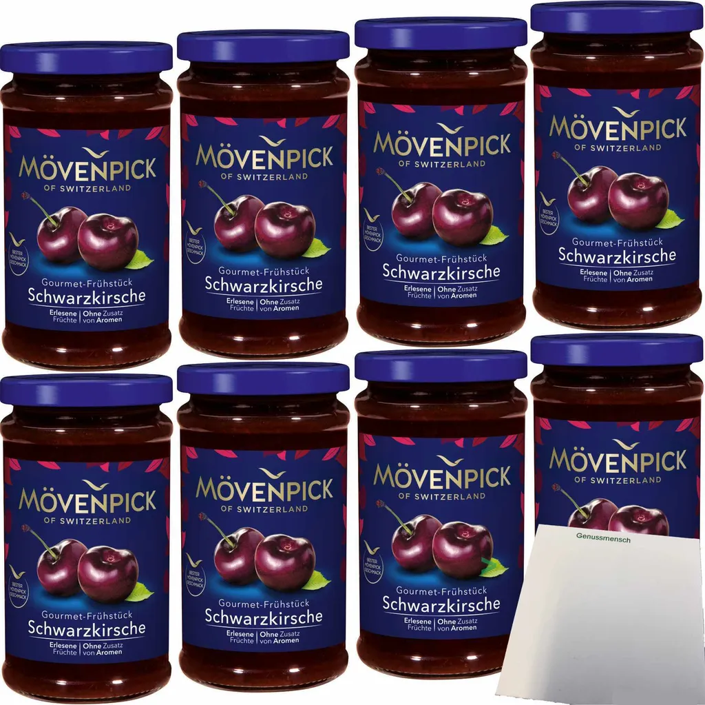 Mövenpick Gourmet-Frühstück Schwarzkirsche Fruchtaufstrich VPE (8x250g Glas) + usy Block