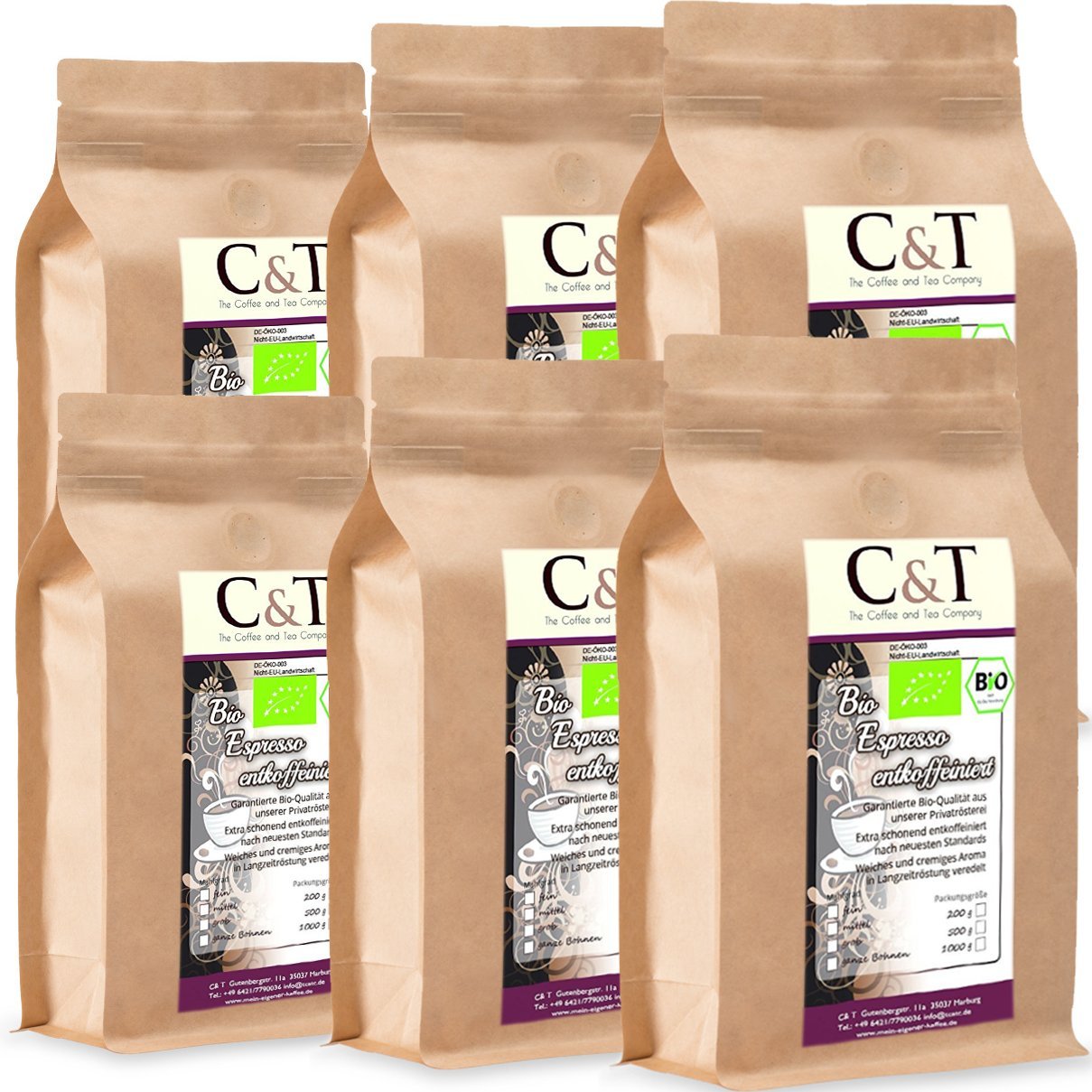 C&T Bio Espresso Crema | Cafe decaffeinated 100% Arabica 6x1000 g Whole beans (including free coffee bag) savings pack in the power paper bag