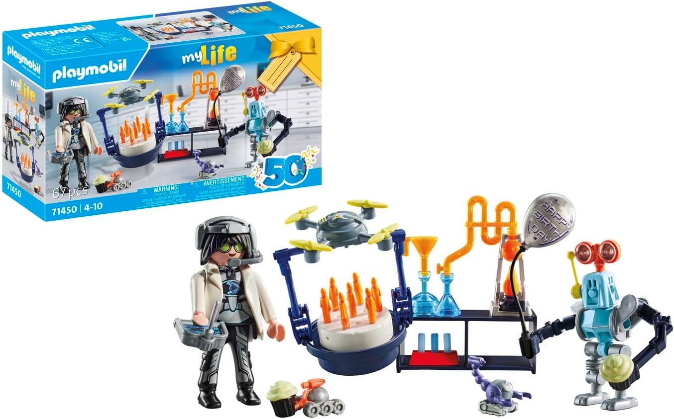 PLAYMOBIL myLife 71450 Researcher with Robots, Science Party in the Laboratory, Includes Drone, Robot and Innovative Accessories, Sustainable Toy for Children from 4 Years