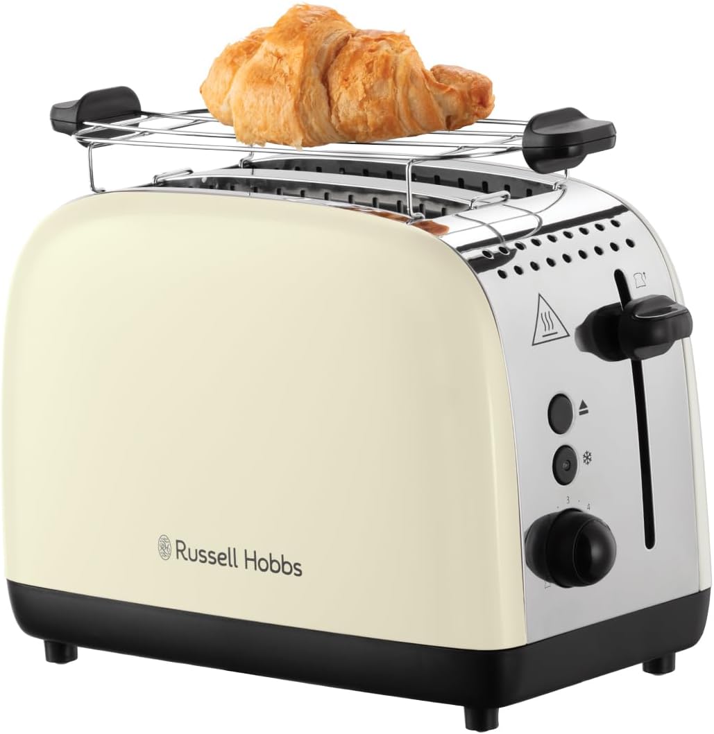 Russell Hobbs Colours Plus 26551-56 Toaster for 2 Slices Stainless Steel Cream (Extra Wide Toast Slots, Including Bun Attachment, 6 Browning Levels + Defrost Function, Lift & Look Function, 1600W)