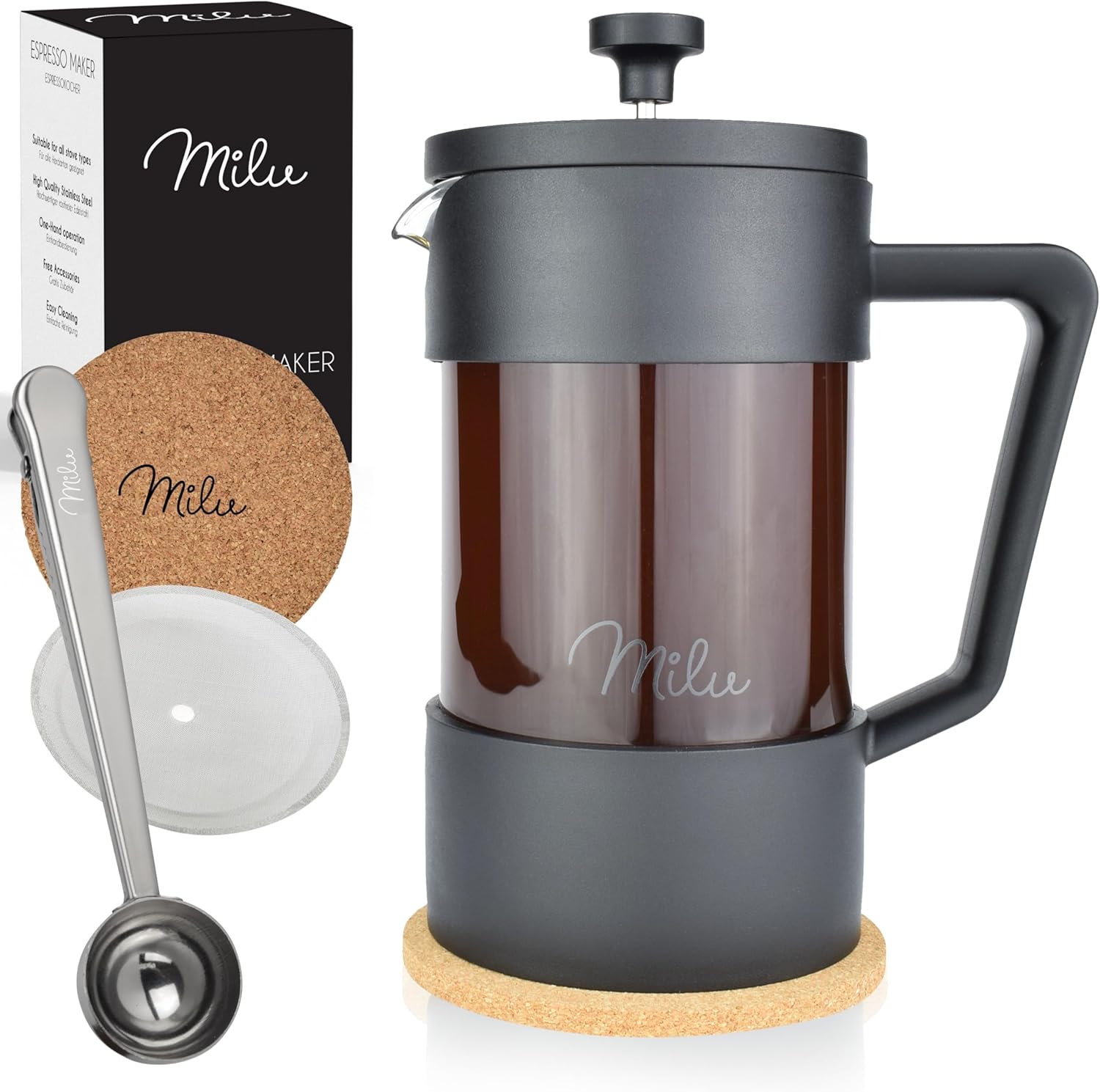 Milu French Press Coffee Maker, 350 ml, 600 ml, 1 L, Glass Coffee Press, Coffee Maker for Home, Travel, Camping, Includes Coaster, Spoon, Replacement Filter (Black, 600 ml (3 Cups)