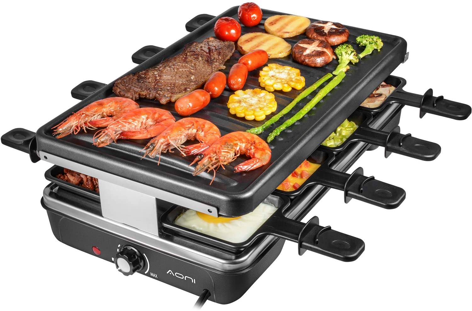 AONI Electric Raclette Grill, Smokeless Grill, Electric BBQ Grill with Non-Stick Grill Surface, 1200 W Temperature Control, Dishwasher Safe, For The Whole Family