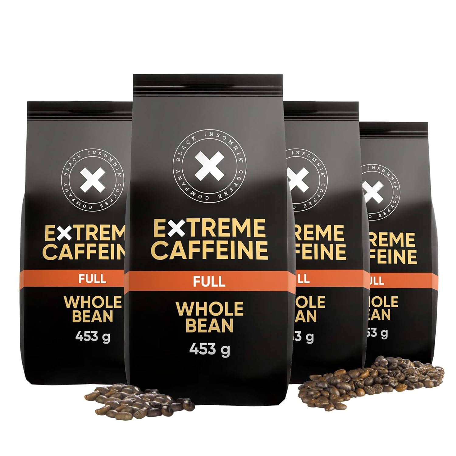 4 x Black Insomnia coffee beans extra strong I 1105mg caffeine per cup - strongest coffee in the world I 100% Robusta beans I Full Flavour, dark roast, low acidity I 4 x 453g (Full, 4 x 453g)
