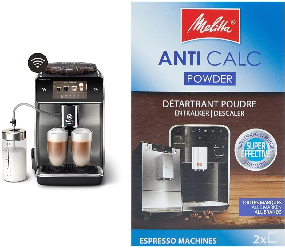 Saeco granaroma deluxe fully automatic coffee machine-WLAN connectivity & melitta 178582 descaler coffee machine anti-calc espresso 2 powder bag each 40g (2x 40g), packaging can vary