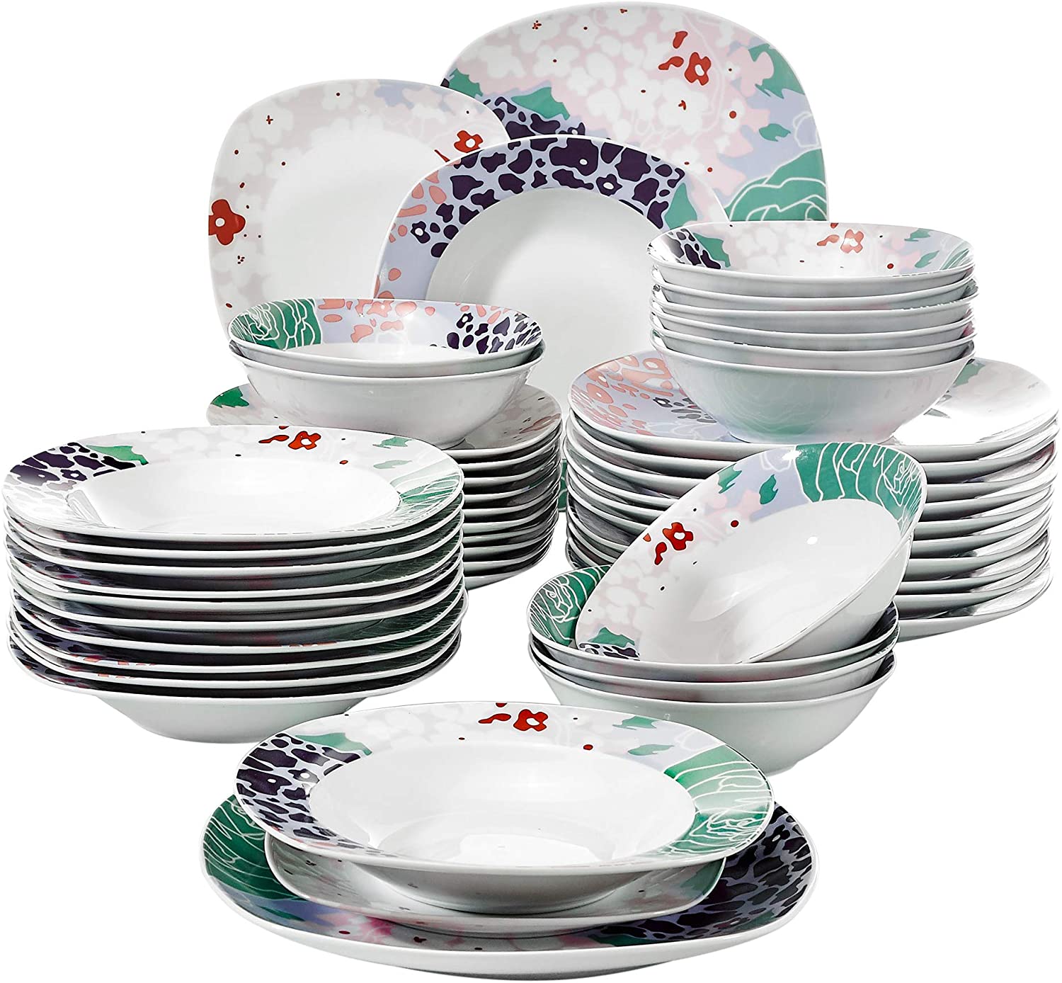 Veweet Olina Porcelain Dinner Set 30 Pieces / 60 Pieces Dinner Service Including Coffee Cups 175 ml, Saucer, Dessert Plate, Dinner Plate and Soup Plate, for 6/12 People
