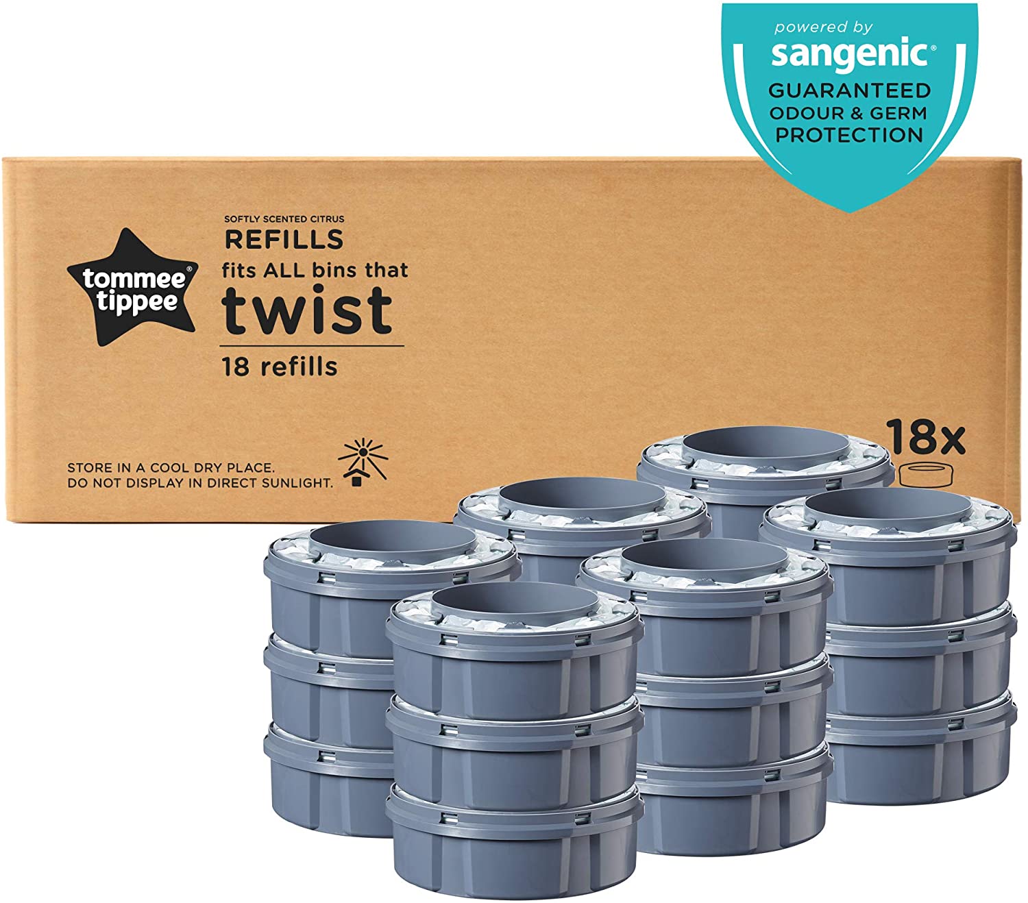 Tommee Tippee Refill Cassettes for Twist & Click Advanced Nappy Disposal System with Sustainably Sourced Antibacterial Greenfilm, Pack of 18