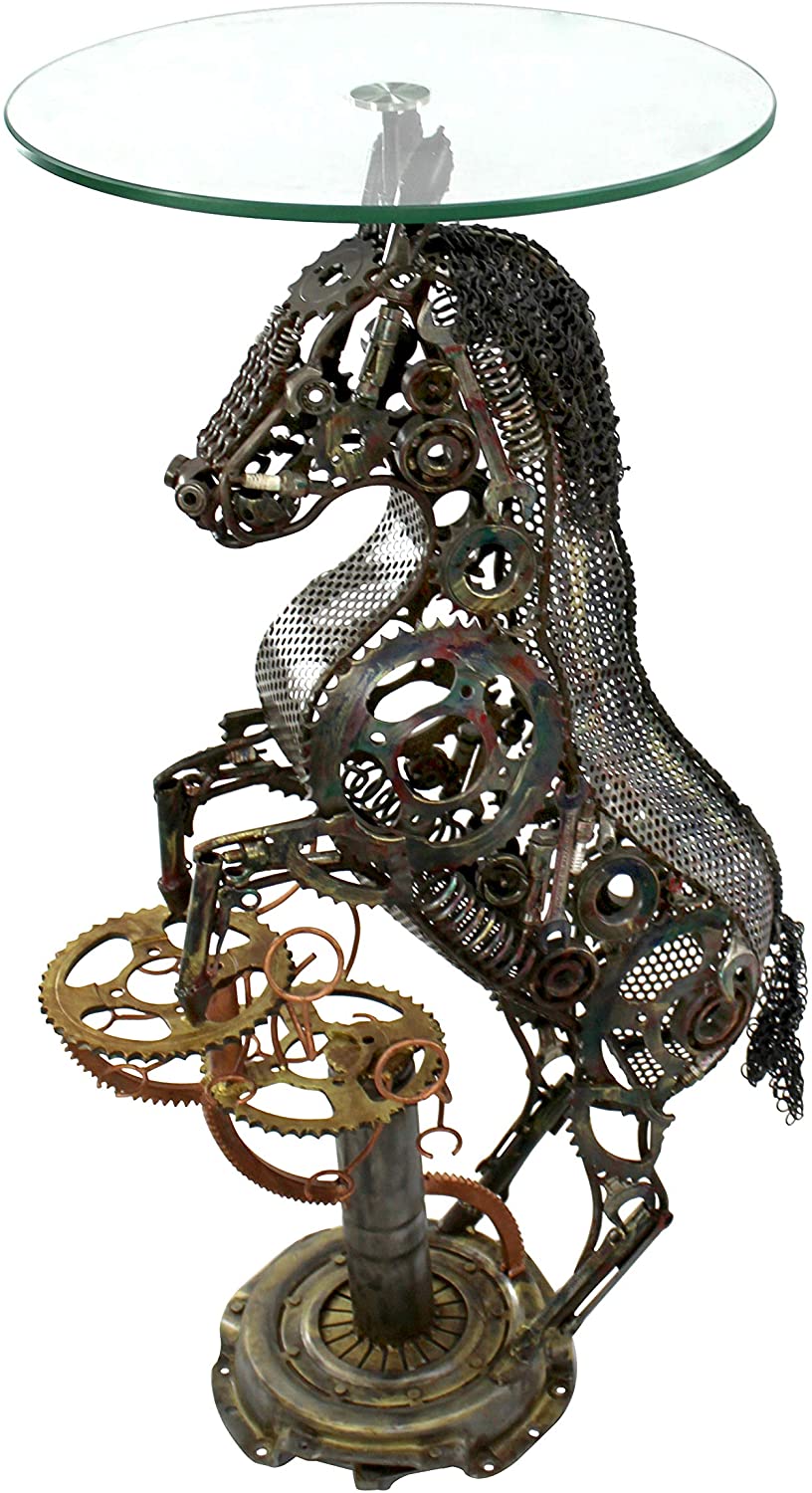 Daro Decorative Side Table With Horse Sculpture Made Of Recycled Metal And 